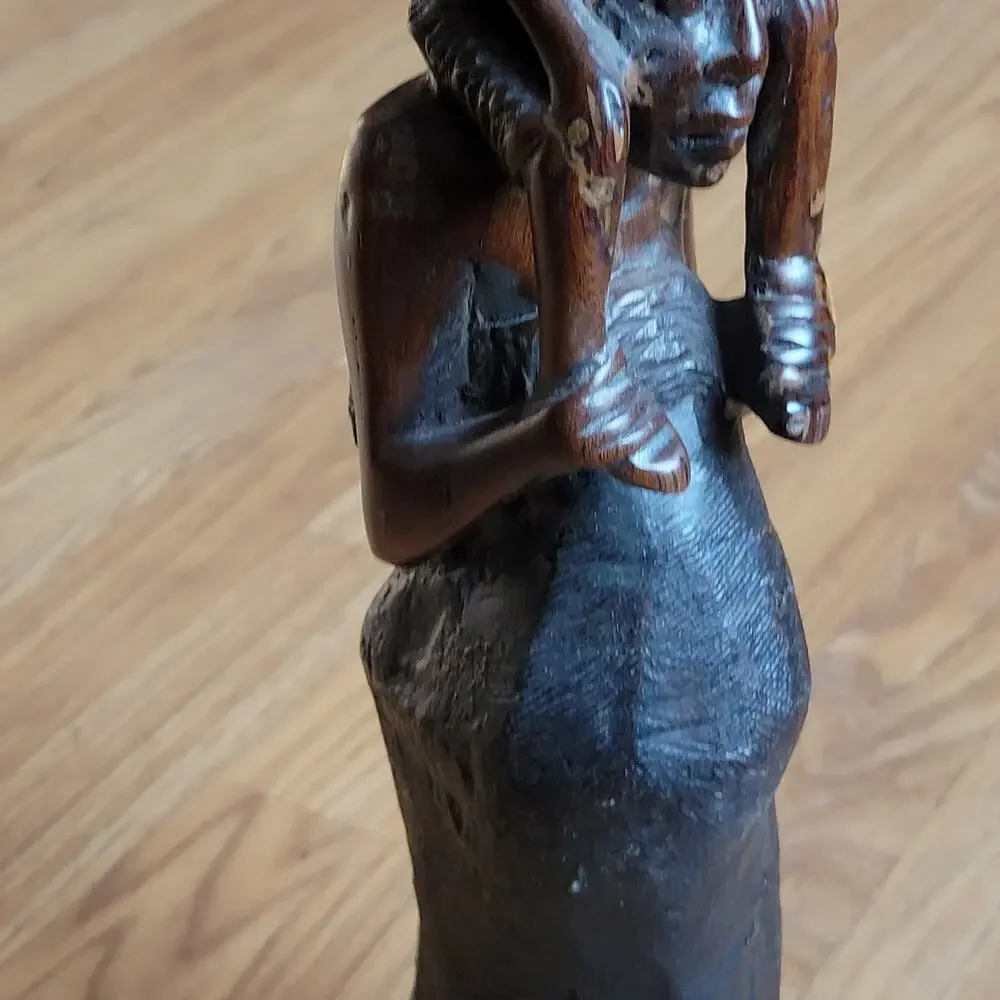 Vintage iron wood carving African women with child figurine sculpture